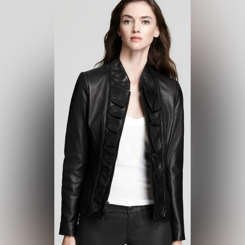 Elie Tahari Leather Jacket Womens Medium Black Lambskin Ruffle Accent Moto L
